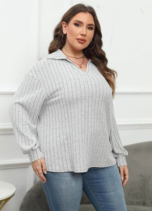 Plus Size Ribbed Collared Neck Long Sleeve Blouse - MimiStylez