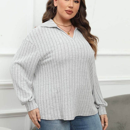 Plus Size Ribbed Collared Neck Long Sleeve Blouse - MimiStylez