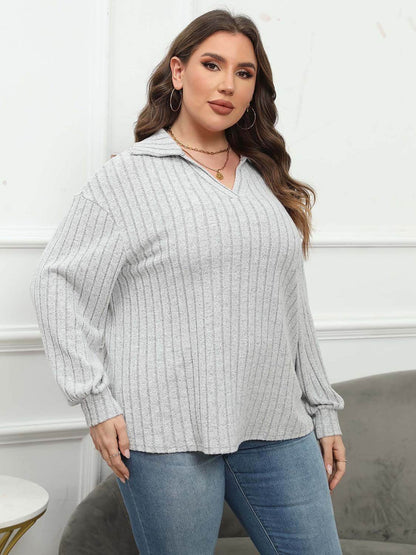 Plus Size Ribbed Collared Neck Long Sleeve Blouse - MimiStylez