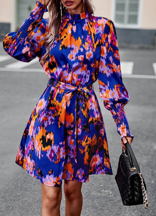 Printed Tie Waist Mock Neck Lantern Sleeve Dress - MimiStylez