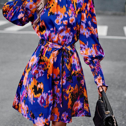 Printed Tie Waist Mock Neck Lantern Sleeve Dress - MimiStylez