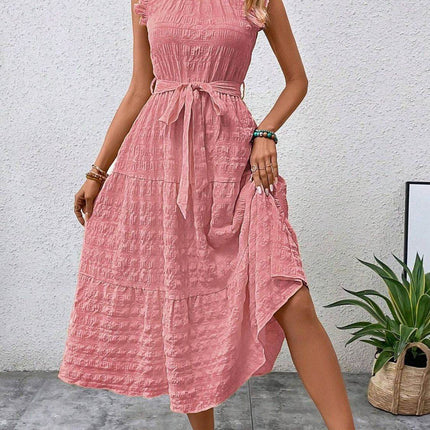 Tied Ruffled Cap Sleeve Midi Dress - MimiStylez