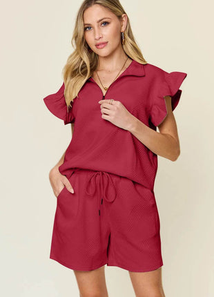 Double Take Full Size Texture Flounce Sleeve Top and Drawstring Shorts Set - MimiStylez