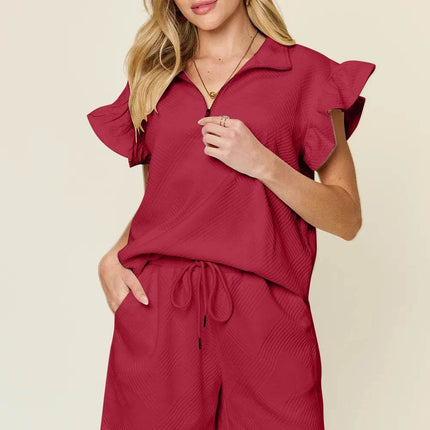 Double Take Full Size Texture Flounce Sleeve Top and Drawstring Shorts Set - MimiStylez