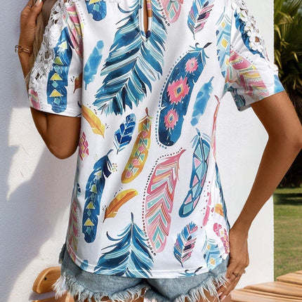 Printed Round Neck Lace Short Sleeve Top - MimiStylez