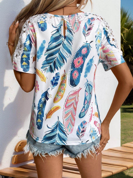 Printed Round Neck Lace Short Sleeve Top - MimiStylez