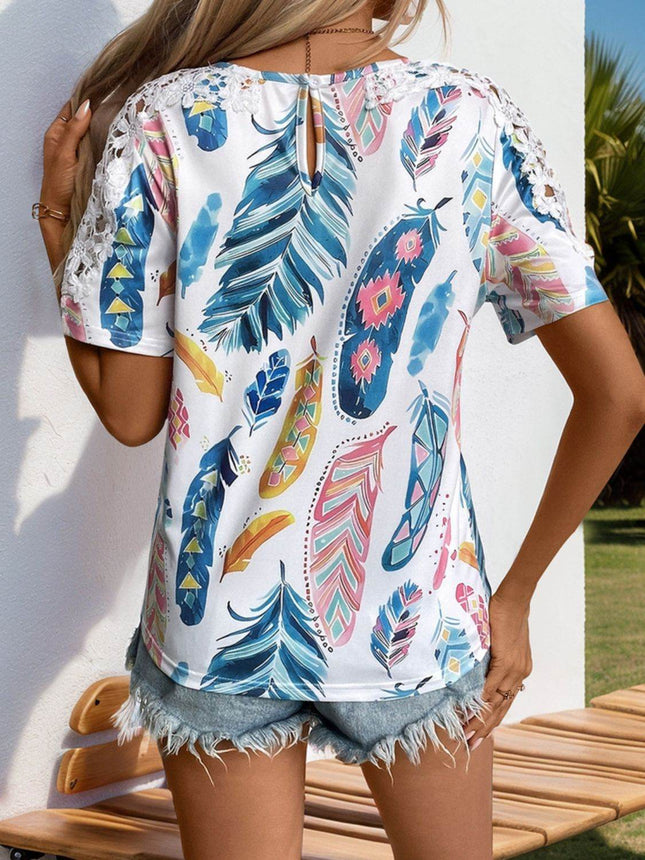 Printed Round Neck Lace Short Sleeve Top - MimiStylez