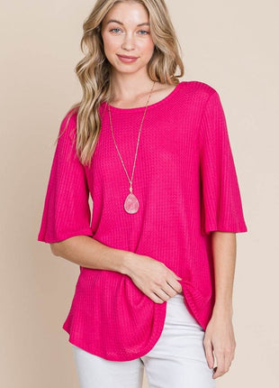 BOMBOM Round Neck Waffle Knit T-Shirt - MimiStylez