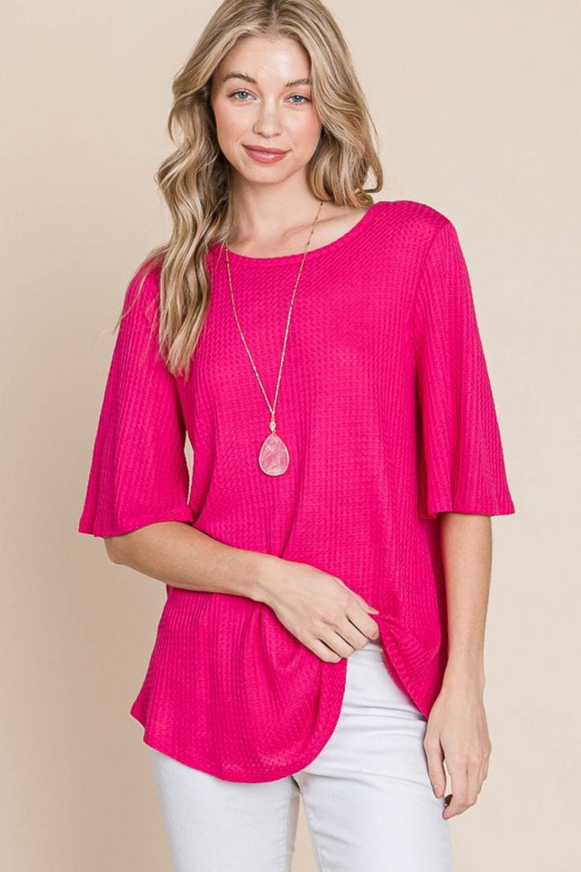 BOMBOM Round Neck Waffle Knit T-Shirt - MimiStylez