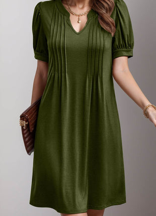 Pin-Tuck Notched Short Sleeve Dress - MimiStylez