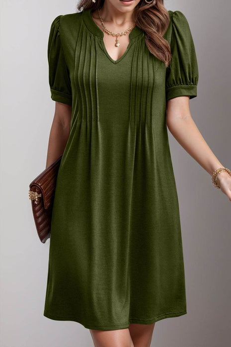 Pin-Tuck Notched Short Sleeve Dress - MimiStylez