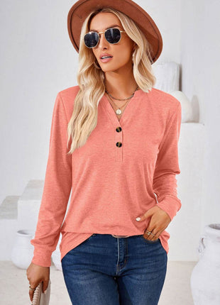 V-Neck Buttoned Long Sleeve Blouse - MimiStylez