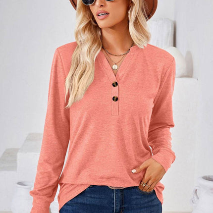 V-Neck Buttoned Long Sleeve Blouse - MimiStylez