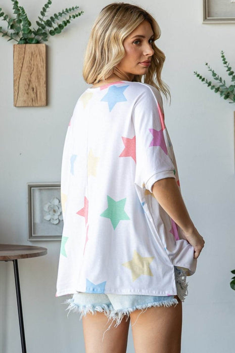 HOPELY Full Size Multi Colored Star Print T-Shirt - MimiStylez