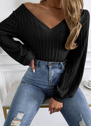V-Neck Long Sleeve Knit Top - MimiStylez