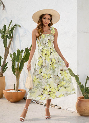 Smocked Printed Square Neck Midi Dress - MimiStylez