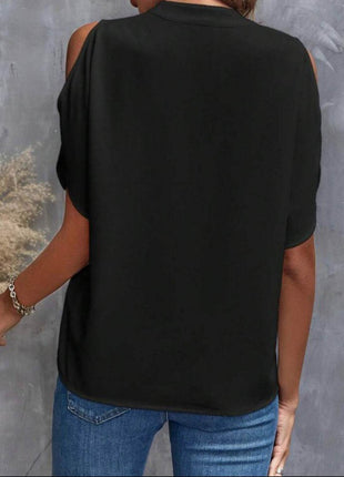 Notched Cold Shoulder Half Sleeve Blouse - MimiStylez