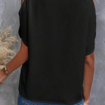 Notched Cold Shoulder Half Sleeve Blouse - MimiStylez