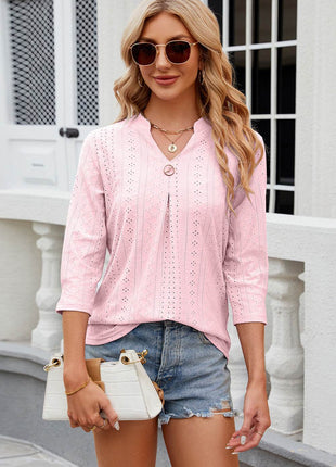 Eyelet Notched Knit Jacquard Top - MimiStylez