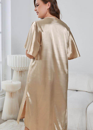 Plus Size Flutter Sleeve V-Neck Side Slit Night Gown - MimiStylez