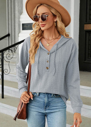 Drawstring Half Button Long Sleeve Hoodie - MimiStylez