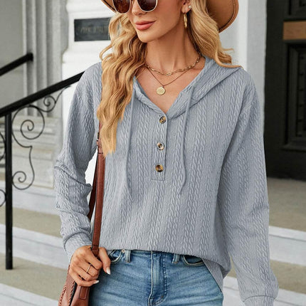 Drawstring Half Button Long Sleeve Hoodie - MimiStylez