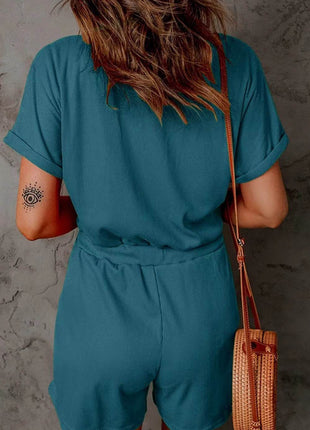 Full Size Drawstring V-Neck Short Sleeve Romper - MimiStylez