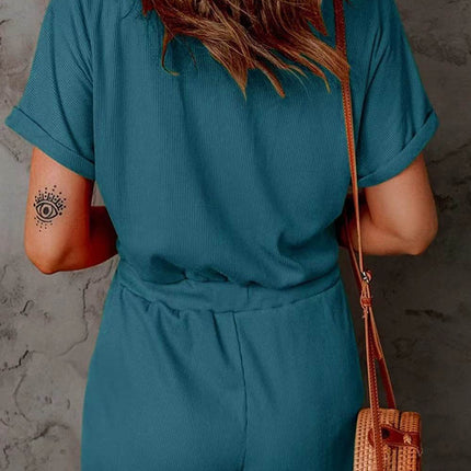 Full Size Drawstring V-Neck Short Sleeve Romper - MimiStylez