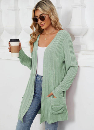 Pocketed Open Front Long Sleeve Cardigan - MimiStylez