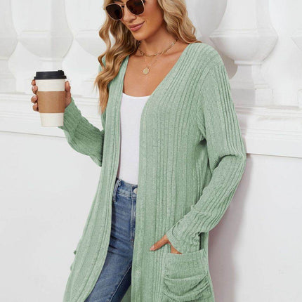 Pocketed Open Front Long Sleeve Cardigan - MimiStylez
