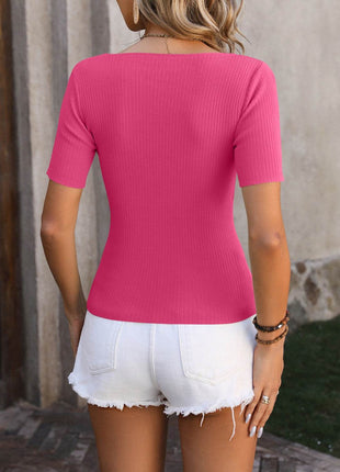 Square Neck Short Sleeve Sweater - MimiStylez