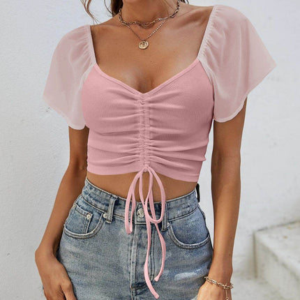 Drawstring Short Sleeve Crop Top - MimiStylez