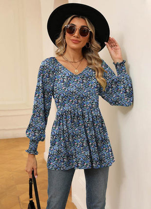 Printed V-Neck Lantern Sleeve Blouse - MimiStylez