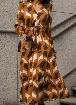 Perfee Printed Tied Pocketed Lantern Sleeve Dress - MimiStylez
