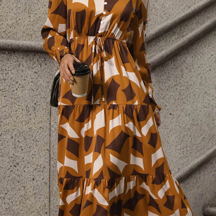 Perfee Printed Tied Pocketed Lantern Sleeve Dress - MimiStylez