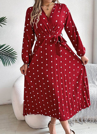 Tied Polka Dot Long Sleeve Midi Dress - MimiStylez