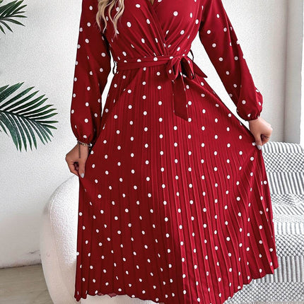 Tied Polka Dot Long Sleeve Midi Dress - MimiStylez