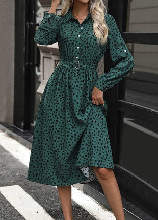 Perfee Printed Belted Long Sleeve Midi Dress - MimiStylez