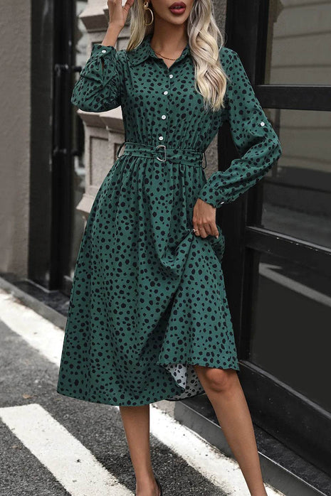 Perfee Printed Belted Long Sleeve Midi Dress - MimiStylez