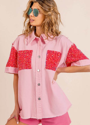 BiBi Sequin Detail Raw Hem Short Sleeve Shirt - MimiStylez