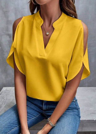 Notched Cold Shoulder Half Sleeve Blouse - MimiStylez