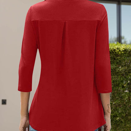 Notched Three-Quarter Sleeve T-Shirt - MimiStylez