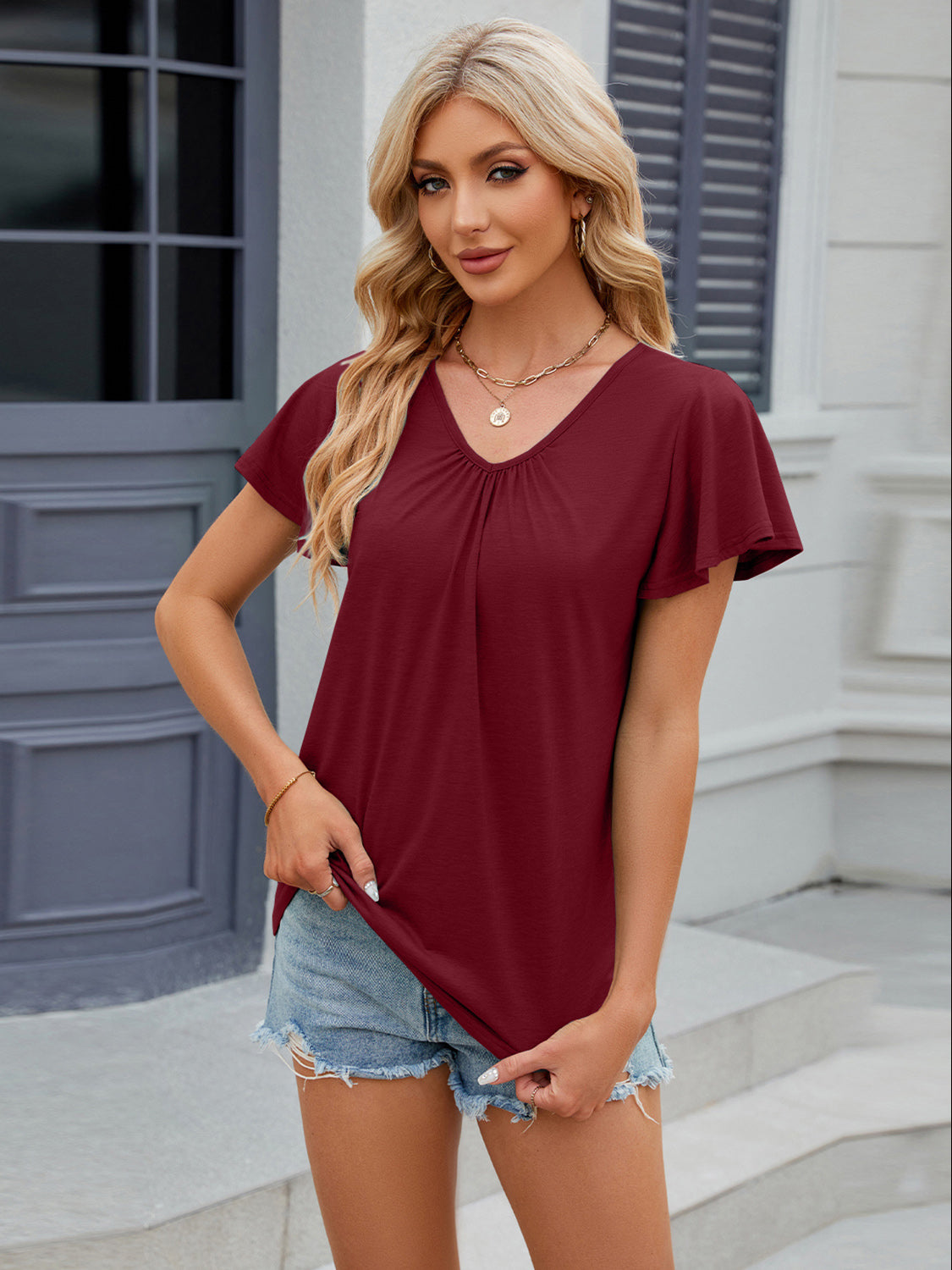 Ruched V-Neck Short Sleeve T-Shirt