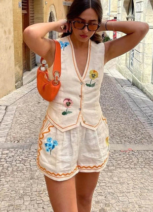 Embroidered V-Neck Vest and Shorts Set - MimiStylez