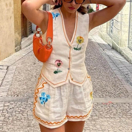Embroidered V-Neck Vest and Shorts Set - MimiStylez