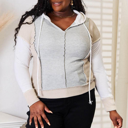 Double Take Color Block Exposed Seam Drawstring Hoodie - MimiStylez