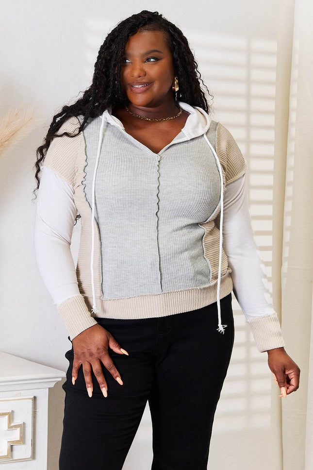 Double Take Color Block Exposed Seam Drawstring Hoodie - MimiStylez