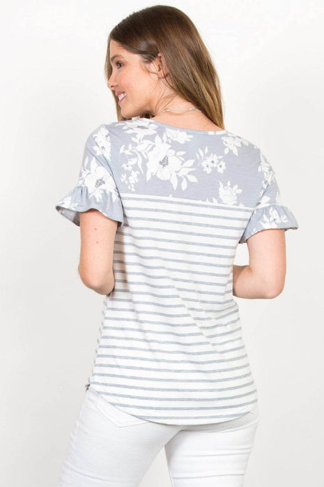 Be Stage Full Size Floral & Striped Flounce Sleeve Top - MimiStylez