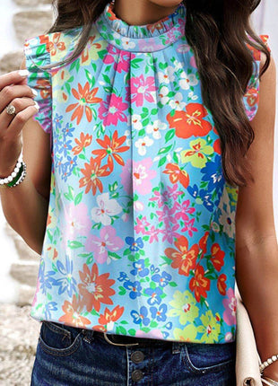 Ruffled Printed Mock Neck Cap Sleeve Blouse - MimiStylez