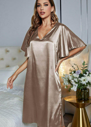 Satin Flutter Sleeve Side Slit V-Neck Night Dress - MimiStylez